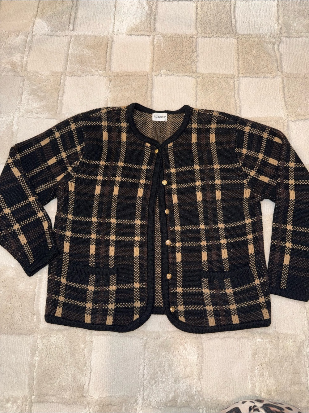Vintage Liz Baker Black and Tan Knit Plaid Cardigan Size M